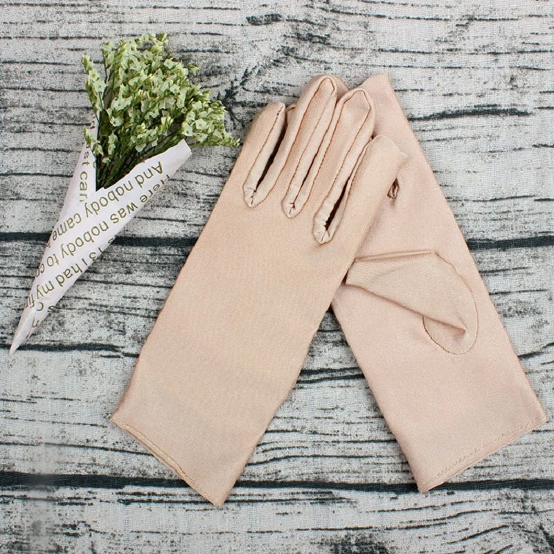 Short Prom Spandex Gloves Wrist Banquet Bride Gloves Tea Evening Party Dancing Gloves for Women Wedding ST211 - Color: Beige