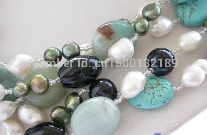 j00357 5row black agate Turquoise stone freshwater pearl NECKLACE(A0511