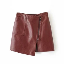 Асимметричная Женская Однотонная юбка из искусственной кожи, модные женские мини юбки на молнии, весенне-Летняя Сексуальная короткая одежда из искусственной кожи