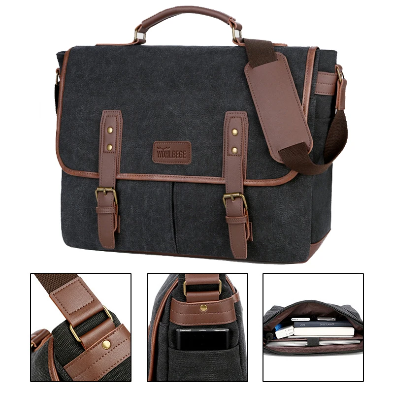 Vintage Men Briefcases Canvas Portable Crossbody Bag Large Laptop