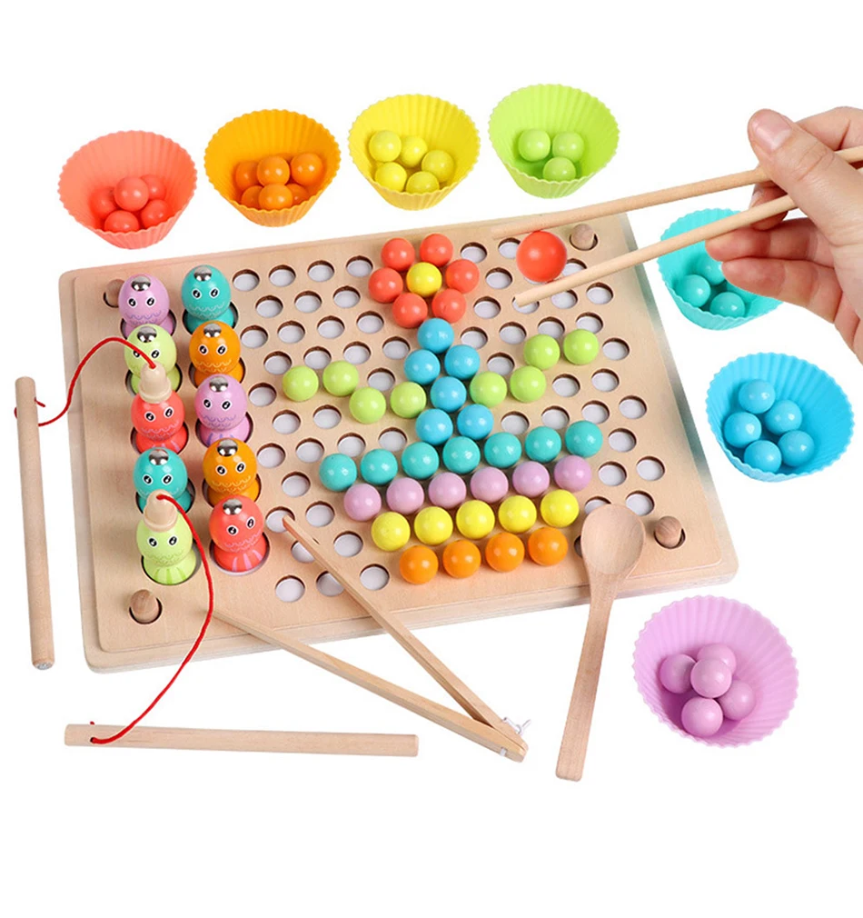 Kids Montessori Wooden Toys Hands Brain Training Clip Beads Chopsticks Beads Toys Early Educational Puzzle Board Math Game Toy