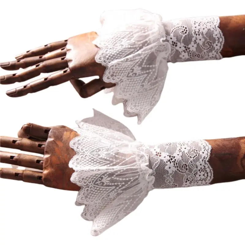 

Women Autumn Lotus Leaf Fake Sleeves Crochet Floral Lace Pleated Ruffles Horn Cuffs Sweater Decorative Sunscreen Wrist Warmers