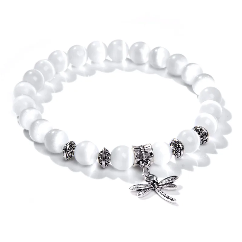 Bracelet Jewelry 8mm white Cat Eye stone Beads Bracelet with Lucky dragonfly Dog claw butterfly Pendant Charms