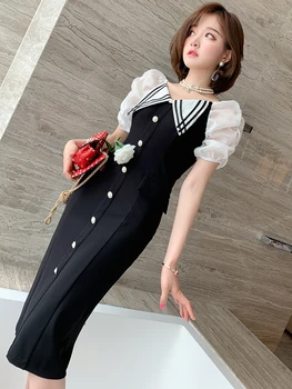 

Stylish French Retro Puff Sleeve Contrasting Color Lapel Slim-Fit Hip Slimming Dress Women's Fashion Summer New
