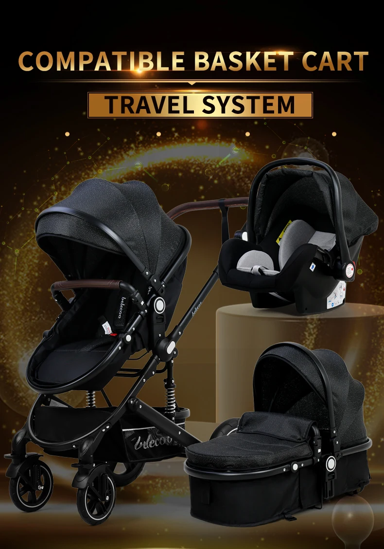 Belecoo Baby Stroller 3 in 1 Baby Stroller High landscape Fit Newborn Travel Foldable Stroller CE Approved Black Stroller