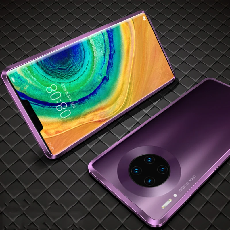 360 полный защитный Магнитный чехол для huawei mate 30 Pro ударопрочный чехол металлический бампер передний+ задний стеклянный чехол для huawei mate 30 - Цвет: Purple