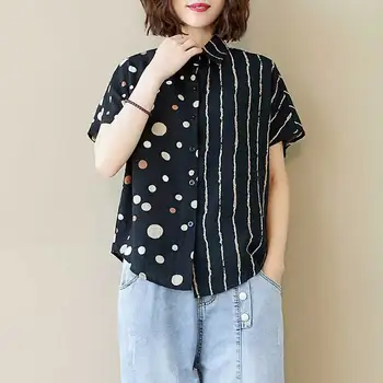 

oversized loose cotton women shirts 2020 summer vintage striped polka dot short-sleeved casual female shirts outwear coat tops