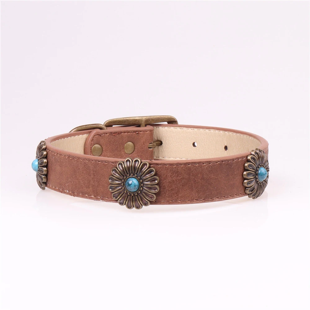 PU Leather Pet Dog Retro Style Collars with Daisies Decor for Small and Medium Dogs Chihuahua Fashion Adjustable Dog Collars