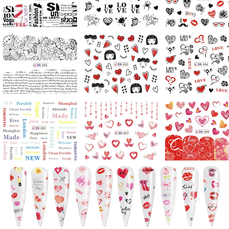 

Valentine's Day Nail Sticker Nail Art Water Transfer Sticker Balloon Lip Print Love Valentine's Day Style Nail Sticker