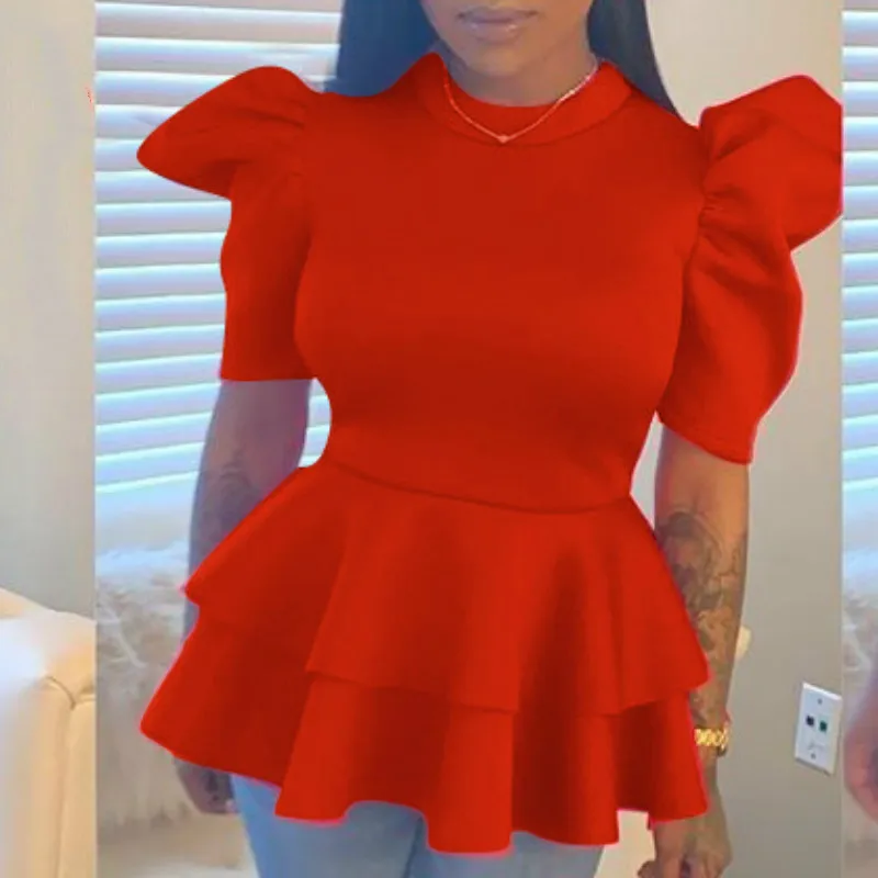 

Red Blouses Peplum Lantern Short Sleeve Tops 2020 Fashion Blusas Plus Size Blouse for Women Evening Party Wear Blusas Mujer