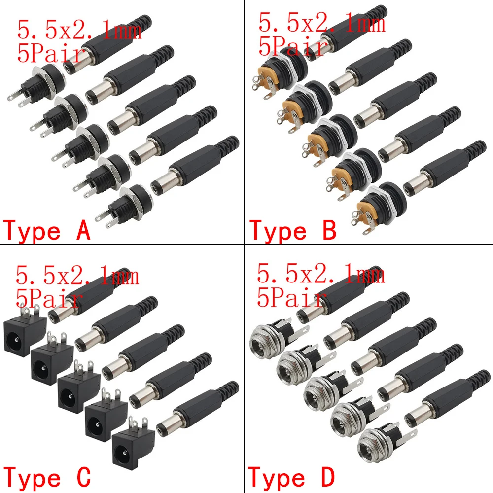 Wire Connector Terminals Wire Connector Electrical Connectors Power Adapter Plug Connector Adapter Power Jack Connector DC Connectors Power Plugs Power Plug Cable Connector DC Power Adapter 5Pairs 5.5 x 2.1mm DC Power Male Plug + Female Jack Socket Connectors Screw Nut Panel Mount Adapter 5.5*2.1 mm 12V 3A DC022