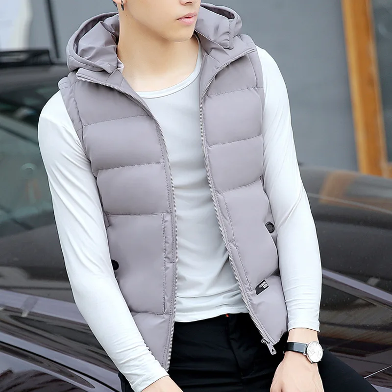 Autumn& Winter down Feather Cotton Waistcoat Men's Fashion Korean-style Hooded Solid Color Men Light Warm Vest Waistcoat