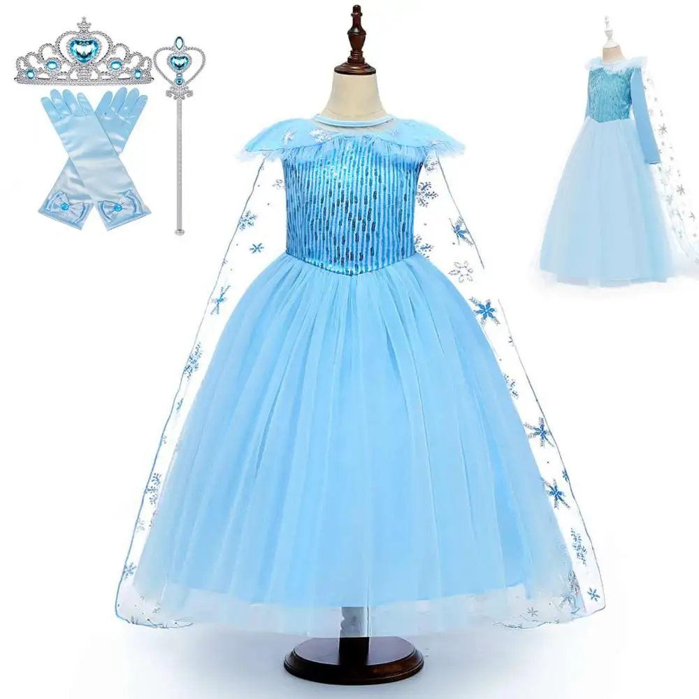 

New 2020 Halloween Anna Elsa Girl Snowflake Print Costume Winter Long Sleeve Princess Party Cosplay Costume Child Dress