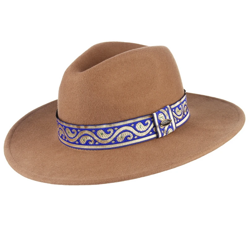 GEMVIE Brand Wide Brim Women Wool Hat Mens Fedora Winter Felt Hat Striped Ethnic Band Autumn Jazz Cap - Цвет: Camel