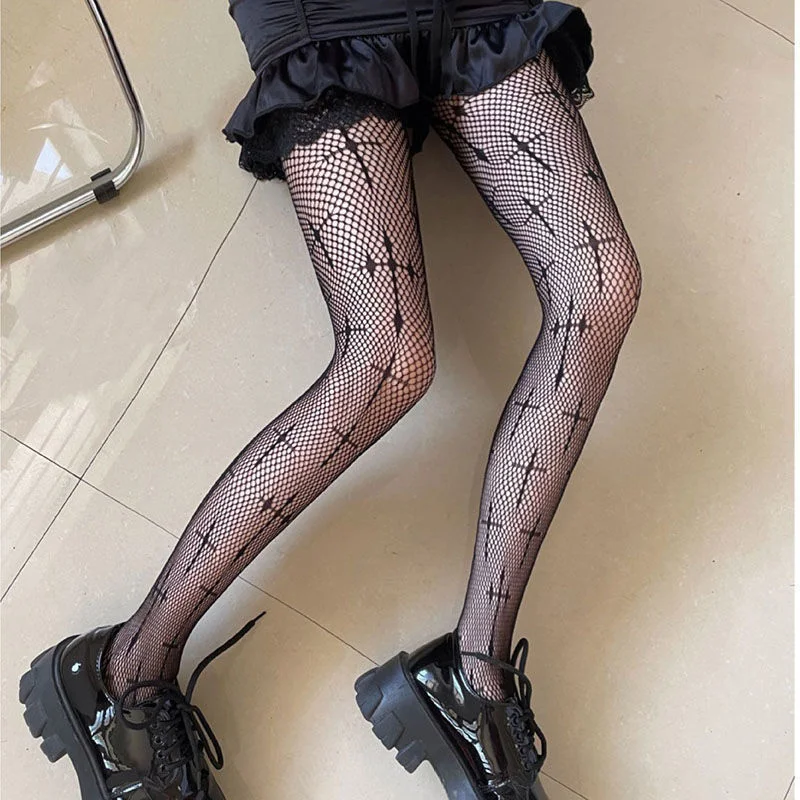 

Japanese Cross Lolita Pantyhose Hosiery Black Devil Pattern Jacquard Tights Gothic Women Hollow Out Mesh Fishnet Stockings