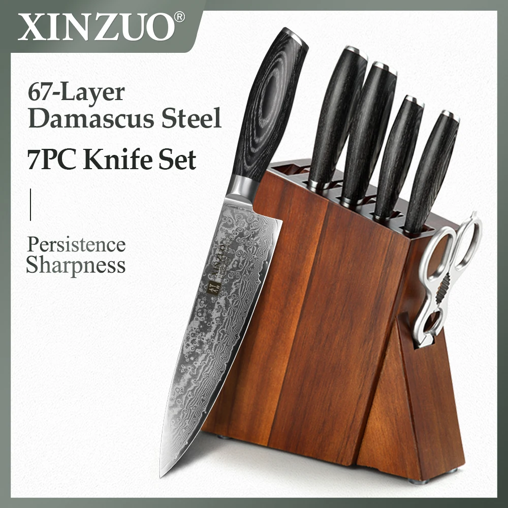 

XINZUO 7PCS Kitchen Knives Set Japanese VG10 Damascus Steel Chef Utility Santoku Paring Knife Scissors Knife Block Holder Set