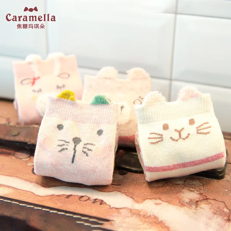 Caramella/4 пары детских носков с животными милые детские носки с объемным рисунком для девочек и мальчиков, бесшовные мягкие хлопковые носки От 1 до 12 лет подарочной упаковке