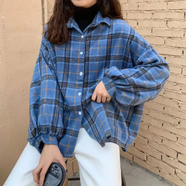 Blouses Shirts Women Plaid All-match Harajuku Casual Loose Large Size 3XL Streetwear Preppy Batwing-sleeve Womens Outwear 4color