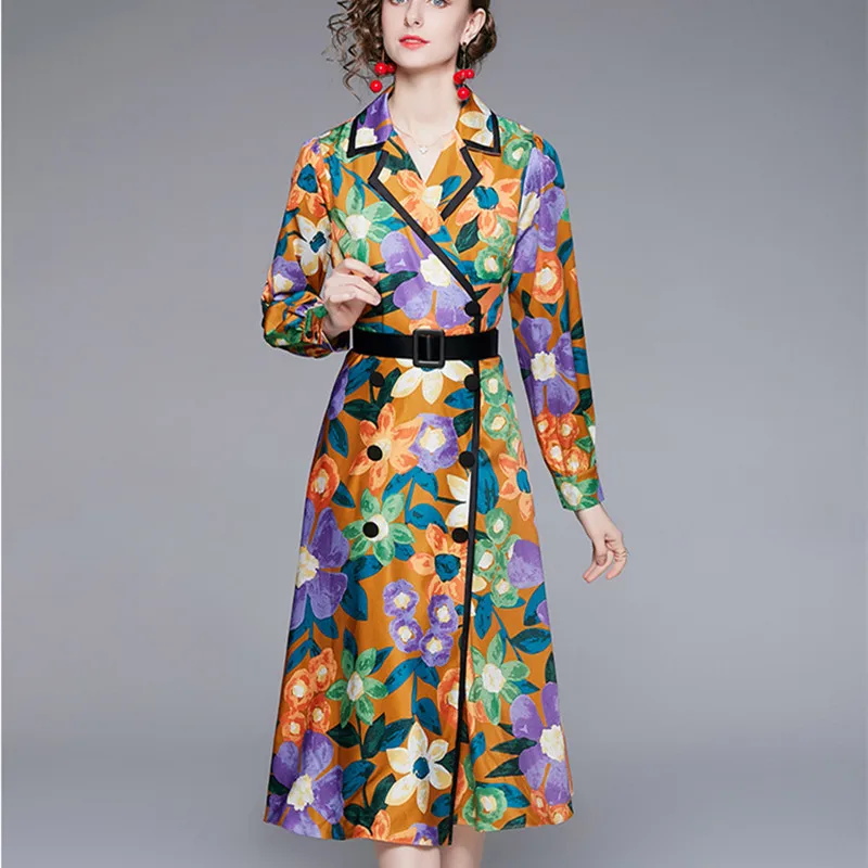 

Runway Designer Vintage Long Trench Coat Women's Long Sleeve Painted Print Double Breasted Overcoat Autumn Winter Outwear