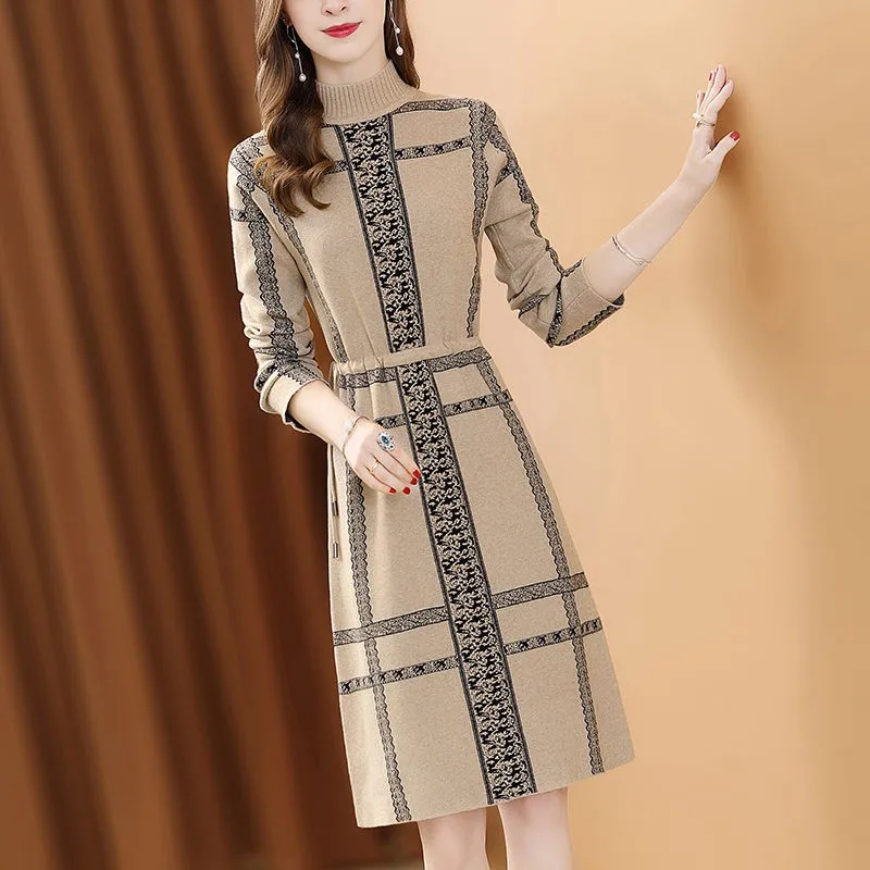 

New Fashion 2020 Autumn Winter Women Midi Long Sweater Dress Pullovers Warm Elegant Knitted Sweaters Plaid Print Dresses Lady