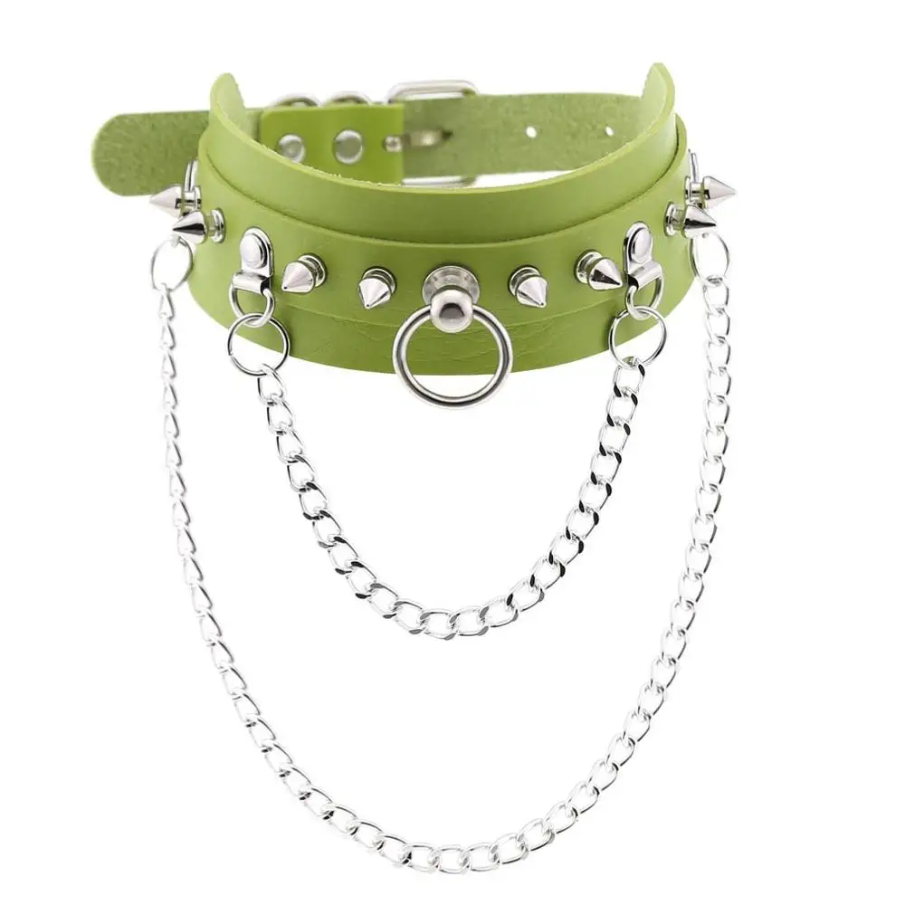 green Сексуальный панк-чокер, ошейник, кожаный чокер, связывание, косплей, готическое украшение для женщин, готическое ожерелье, Harajuku, аксессуары, баров, подарок для девочек - Окраска металла: green