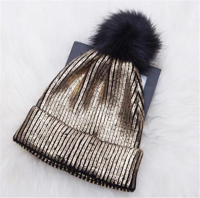Осенняя и зимняя новая женская шапка, цветная вязаная женская зимняя шапка, теплая Золотая и серебристая яркая шерстяная шапка, Шапка-бини TOTOB - Цвет: Colored gold