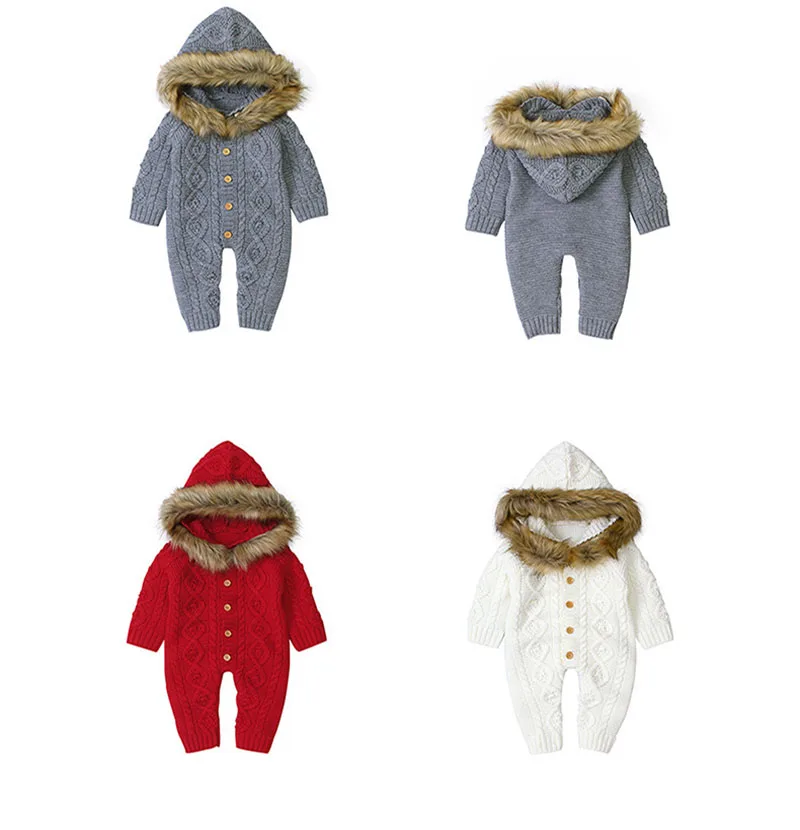 Crianças do Bebê Macacão de Malha com Capuz Roupas de Inverno Gola de Pele do Falso Macacão da Criança Camisola Recém-nascido Menino Menina Quente Infantil Pano 4 Crianças do bebê macacão de malha com