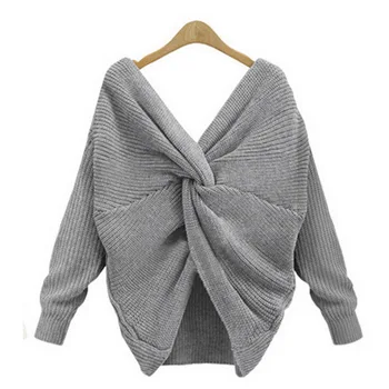 

2020 Fashion Womens Winter Sweater Knit Sweater V-neck Long Sleeve Pullovers Back Knitting Solid Sexy Sweaters