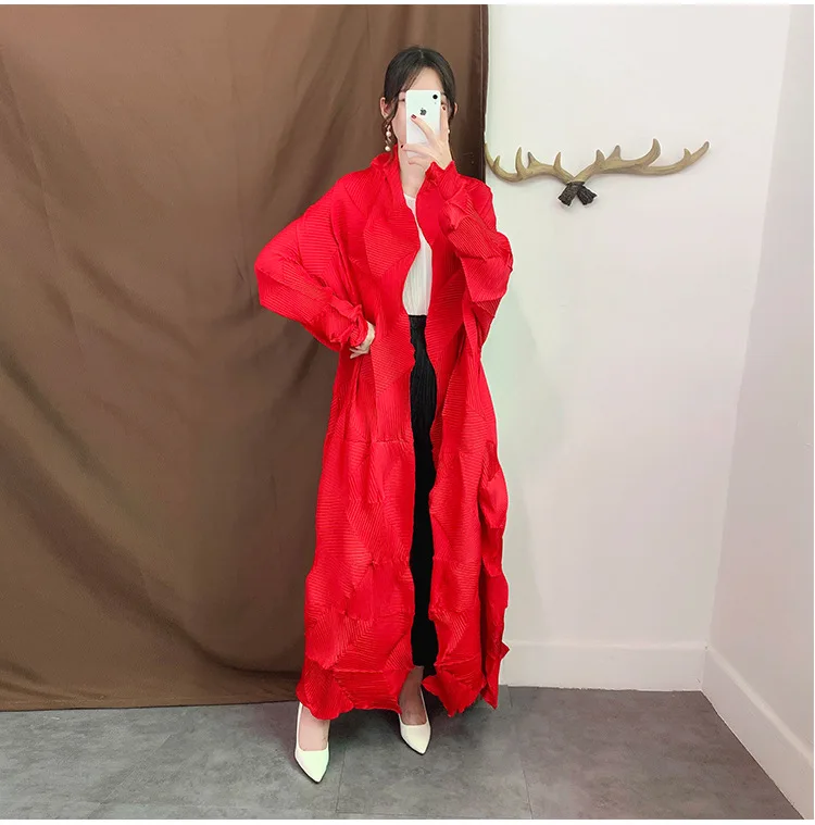 MIYAKE/верхняя одежда с оборками, рубашка, осеннее платье, плиссированный Тренч, свободный и большой размер, для девочек - Цвет: Красный