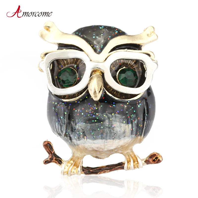 Owl Brooch Glasses Enamel-Pin Green Cute Women Good-Gift Amorcome Animal for Kids And