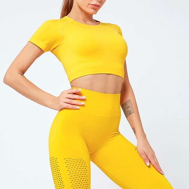 Yellow 2 шт., спортивный костюм для йоги, с вырезами, короткий рукав, для фитнеса, укороченный топ+ бесшовные леггинсы, колготки, женская спортивная одежда, комплект для спортзала, тренировочная одежда - Цвет: Yellow