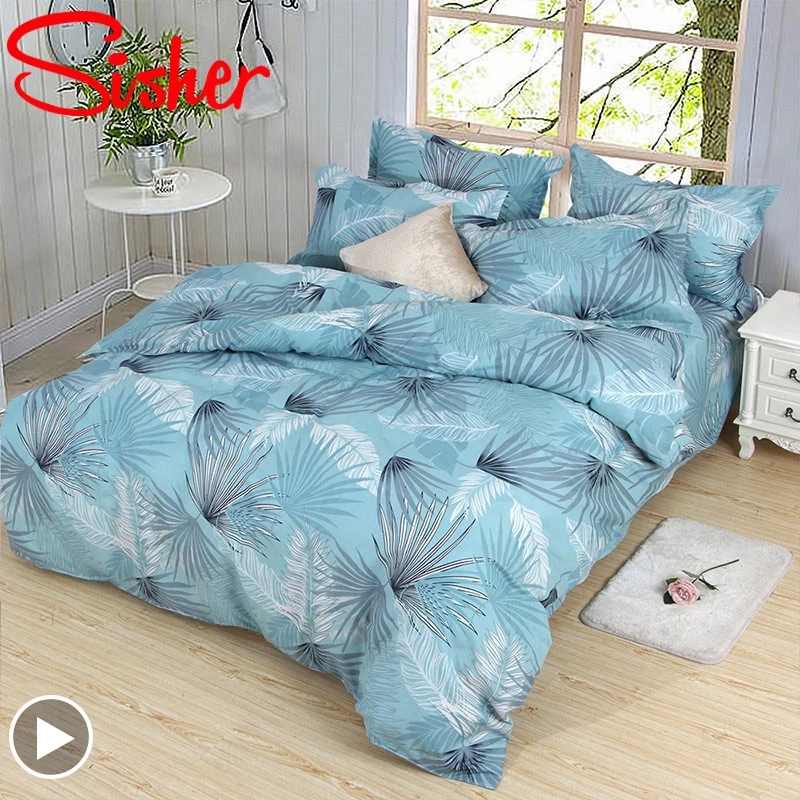 

Sisher Bedding Set Leaf Printed Bed Linen Polyester Duvet Cover Set with Quilt Cover Sheet Pillowcase Single/Double/Queen Size