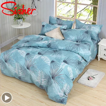 

Sisher Bedding Set Leaf Printed Bed Linen Polyester Duvet Cover Set with Quilt Cover Sheet Pillowcase Single/Double/Queen Size