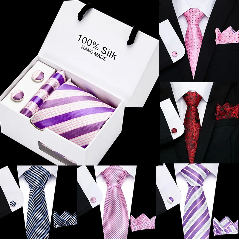 

Wedding Men Neckties Gift Box Packing Luxury Necktie Pocket Square 8cm 100% Silk Cufflinks&Handkerchief&Tie Set Men Classic Tie
