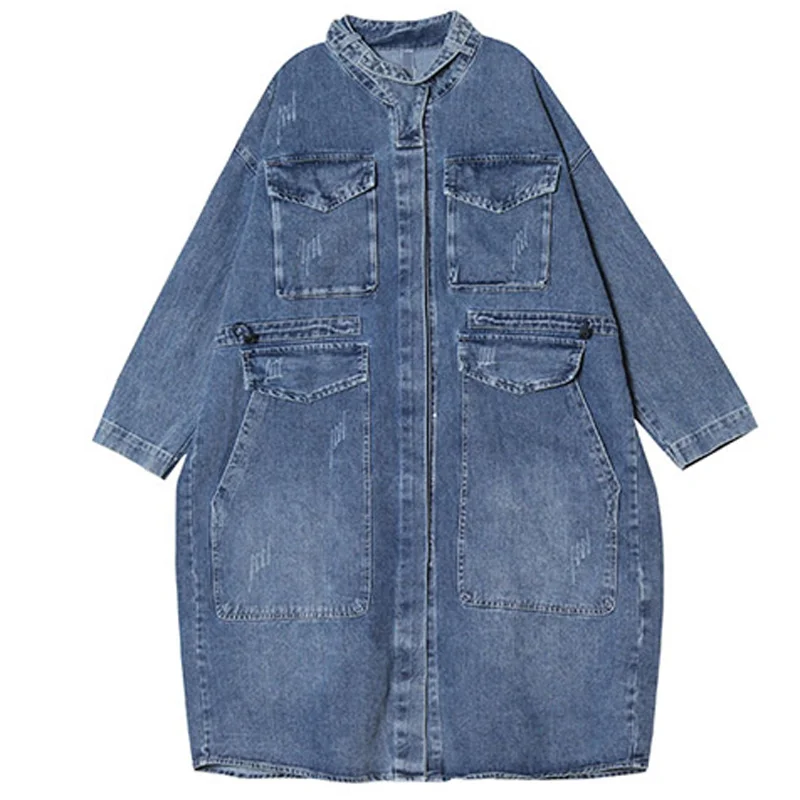 Большой размер Свободная Женская джинсовая куртка с длинным рукавом с длинным разрезом Осенняя новая однотонная повседневная куртка женская