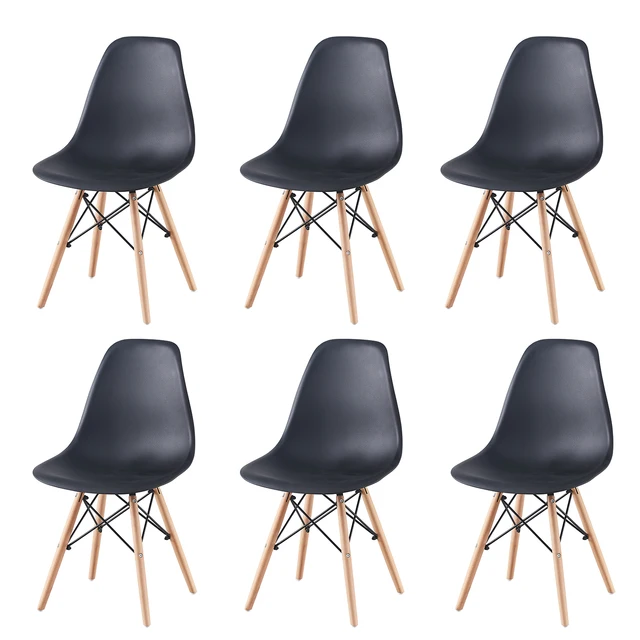 6Pcs/Set Dining Chair Nordic Style Office Chair Plastic Kitchen Chairs Wooden Feet Dining Room Living Room Chairs （White/Black) Black