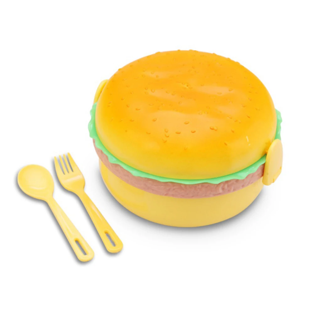 Милый двухуровневый Ланч-бокс для гамбургеров Bento Детские Ланч-боксы, школьная посуда, набор коробок для еды с вилкой для детей - Цвет: Round Food Box