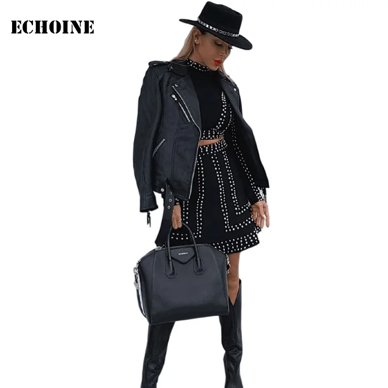 

Echoine Rivets Diamond Zipper Skirt Set Long Sleeve Crop Top and Mini Skirt Black Slim Bodycon Sexy Clubwear Outfit