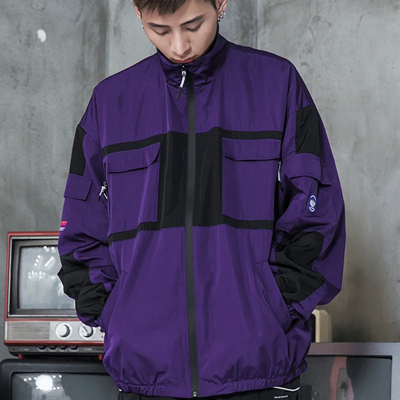 Hip Hop Men Streetwear Jacket Windbreaker Chinese Kanji Color Block Retro Track Jackets Coat Harajuku Jacket Outwear Oversized