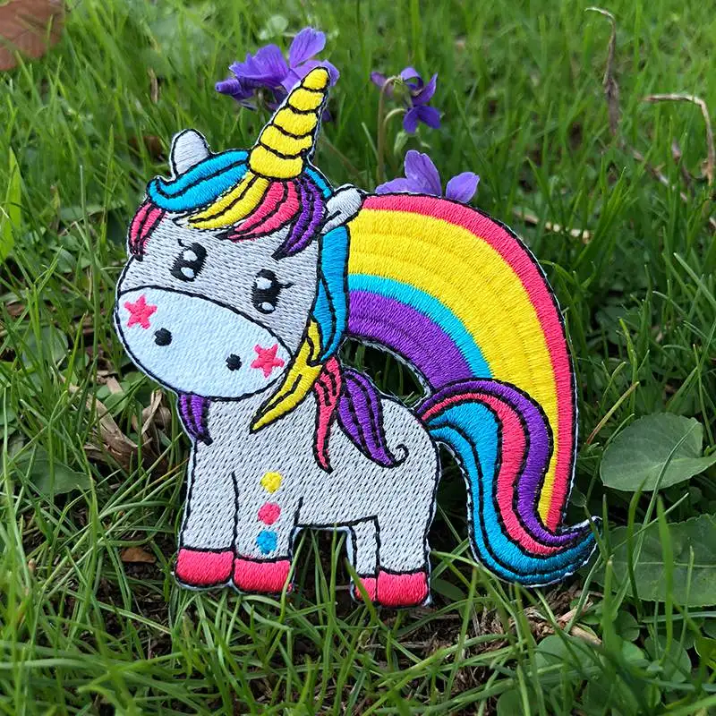 Prajna Hippie Unicorn Patches Embroidered Patches For Clothing DIY Magic Rainbow Stripes Iron On Patches For Kids Cloth Applique 