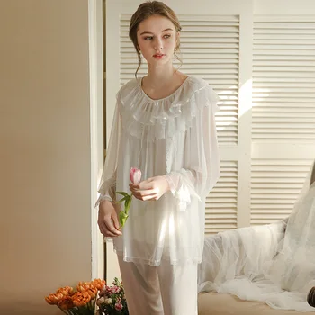 

Spring And Autumn Pajamas Female Lace Round Neck Long Sleeve Home Suit 2183