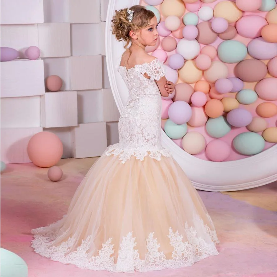 

2019 New Mermaid Flower Girl Dresses For Wedding V Neck Sleeveless White Lace Up Back Custom Made Little Girls Pageant Gowns