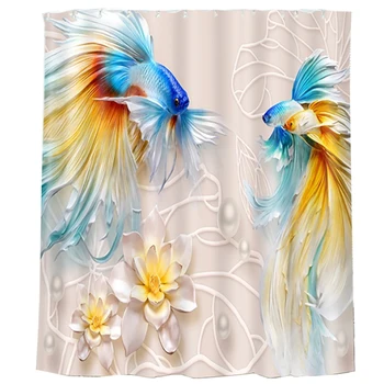 

3D Goldfish Flower Relief Pattern Shower Curtains Landscape Bathroom Curtain Thickened Waterproof Thickened Bath Curtain