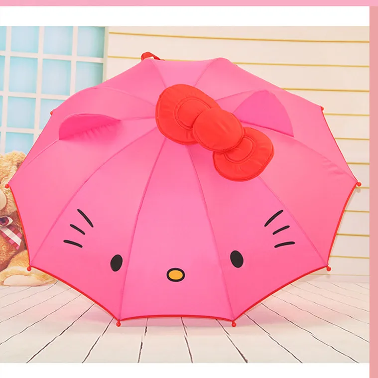 Hello kitty, Длинные ручки, зонтики с бантиком, 10 костей, анти-защемление рук, мультяшный Кот, солнечный и дождливый зонтик для малышей