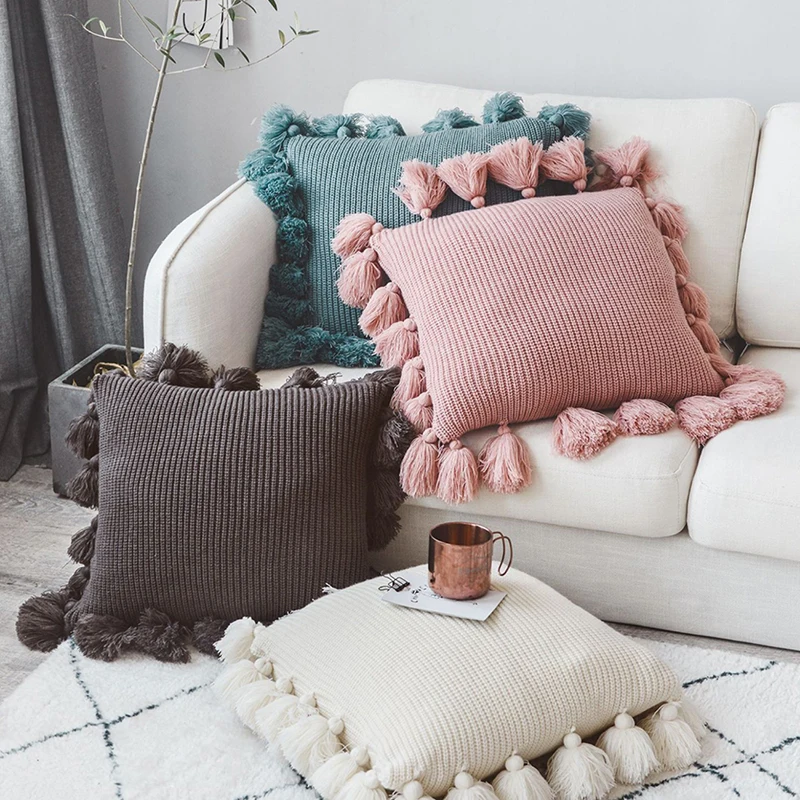 Solid Color Fringed Pillow Cover Nordic Pillow Wool Creative Home Cojines Decorativos Cushion Cover JJJRY799