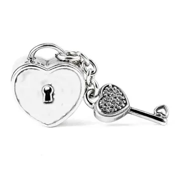 

New 925 Sterling Silver Bead Charm Smooth Love Heart Lock & Key With Crystal Pendant Beads Fit Pandora Bracelet DIY Jewelry