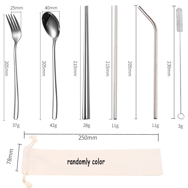 7pc 304 Stainless Steel Fork Spoon Chopsticks Set Creative Portable Tableware Straw Fork Chopsticks 7 Pieces Dinnerware Set