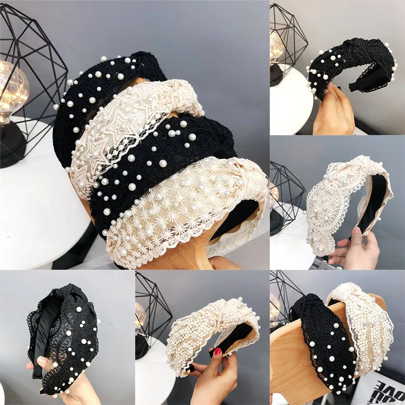 

Pearl Hairband Accessories Wholesale Fashion Girls Hoop Middle Knot Hair Women Artificial Pearls Hair White Black Lace Headband