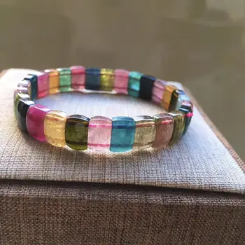 

100% Natural Rainbow Tourmaline Quartz Bracelet For Woman Lady Man Crystal 10x6.5mm Rectangle Beads Stretch Bangle Jewelry AAAAA