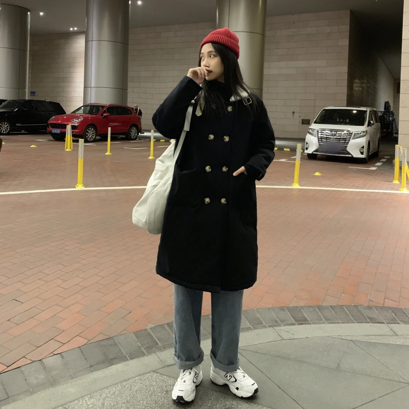 Harajuku, куртка из овечьей шерсти, женская мода, двубортный, с длинным рукавом, Термальный, хлопок, куртка для девушек, одноцветная, тонкая, мешковатая, для женщин